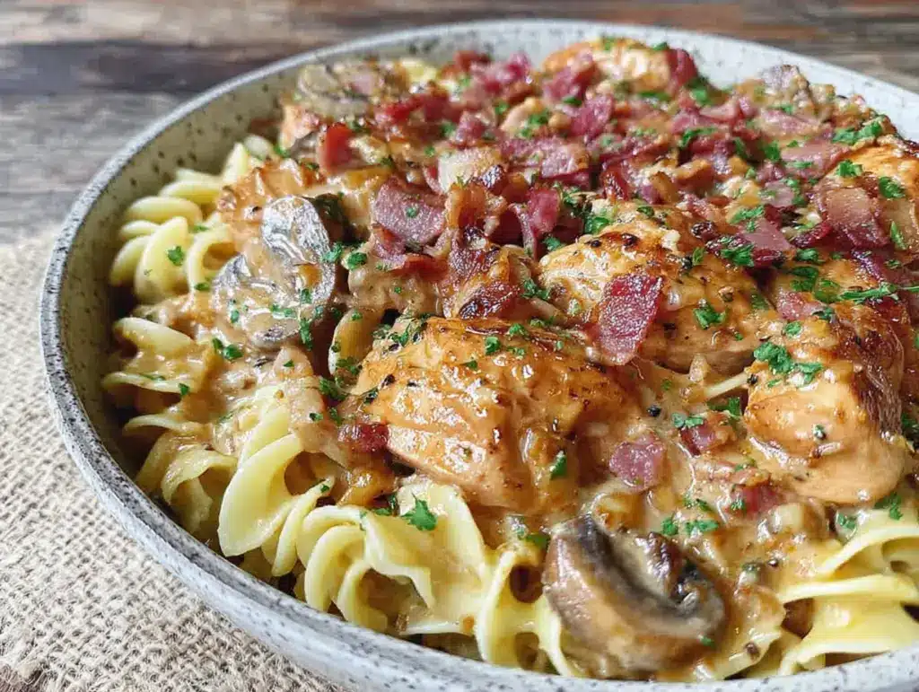 cremige Hähnchen-Pilz-Pfanne mit Spätzle - featured image