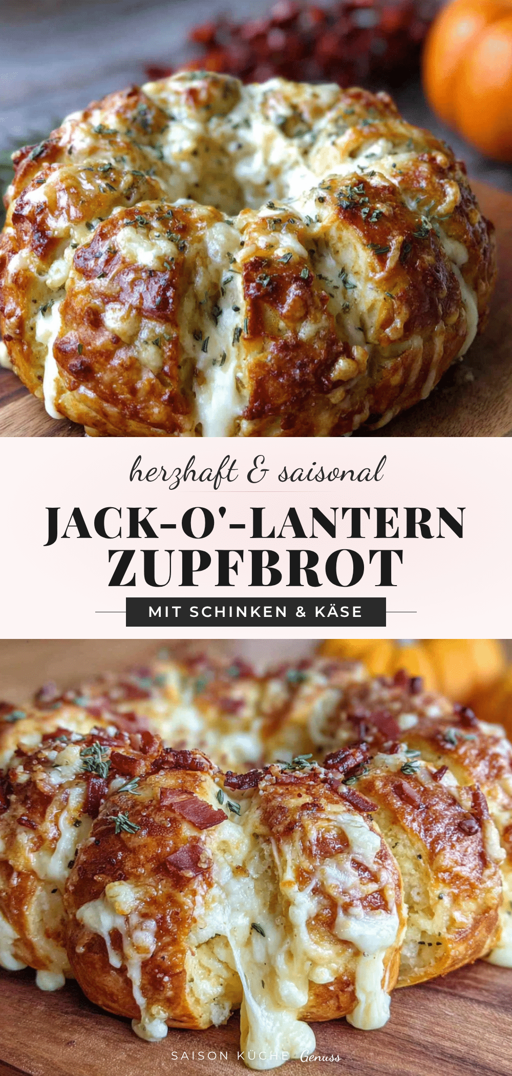 Jack-o-Lantern-Zupfbrot mit Schinken und Käse recipe
