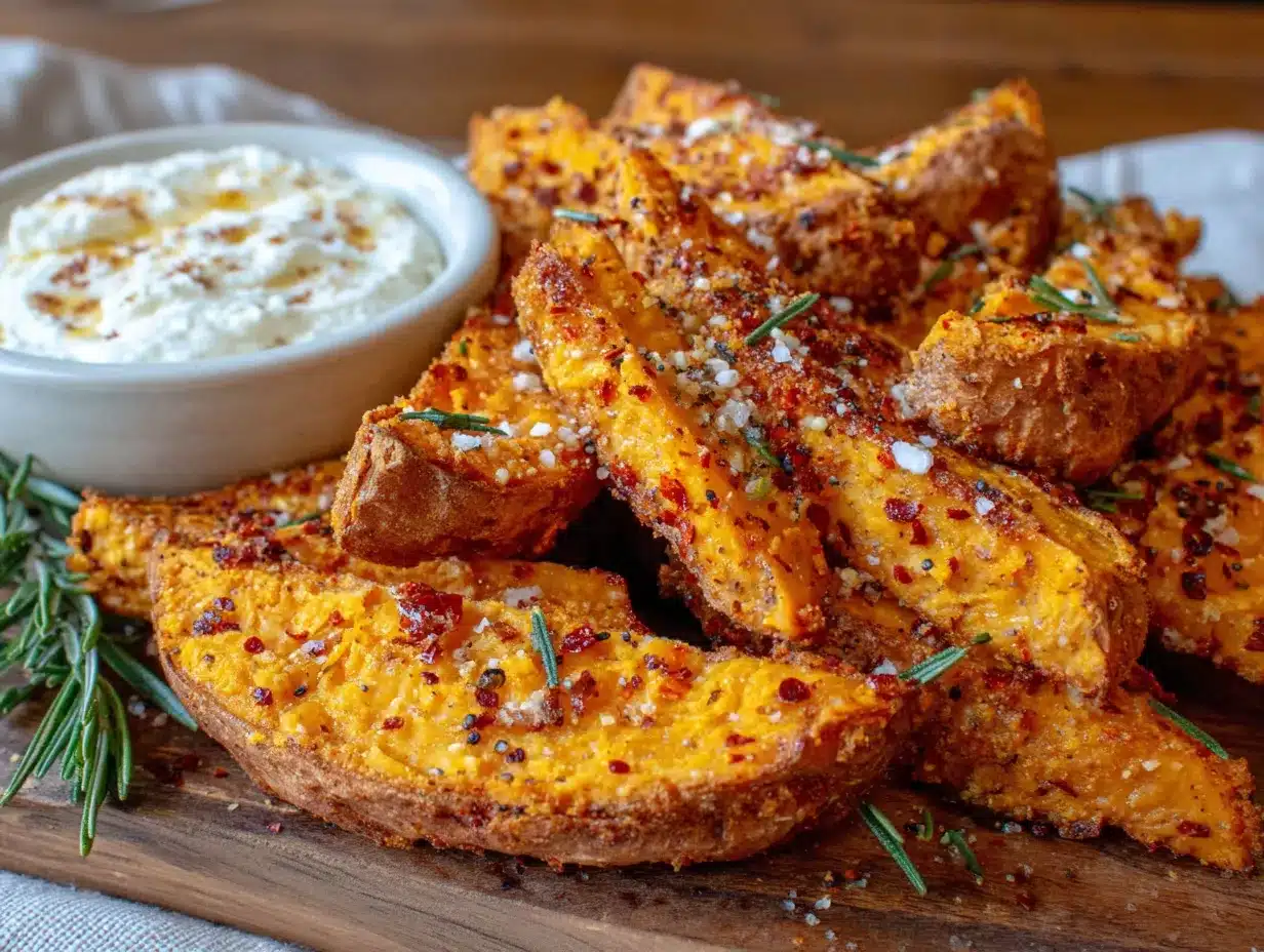 Süßkartoffelspalten mit Feta-Honig-Dip preparation steps